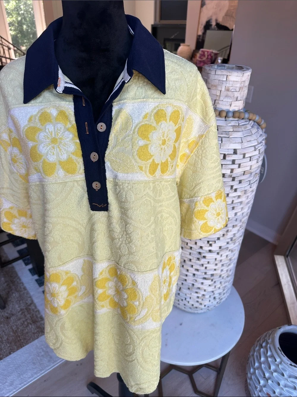 Free People Yellow Floral Terry Polo with Navy Placket